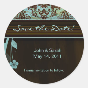 Save the Date Sticker Damask Flower blue brown