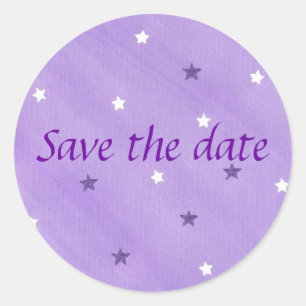 Save the date stickers, purple and white stars classic round sticker