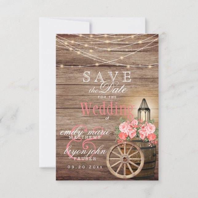 Save the Date - String Lights, Wood Barrel - Coral (Front)