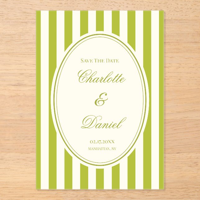 Save the Date Stripe Custom Chartreuse Acrylic Invitations (Front)