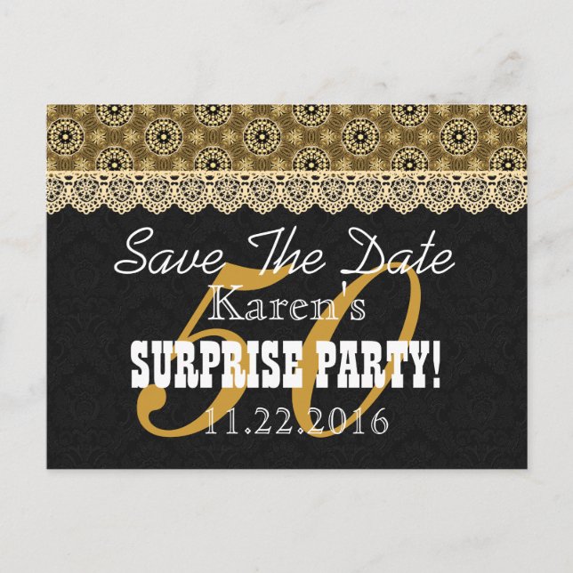Save the Date SURPRISE 50th Birthday V002B GOLD Announcement Postcard (Front)