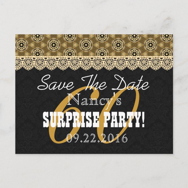 Save the Date SURPRISE 60th Birthday V002C GOLD Announcement Postcard (Front)