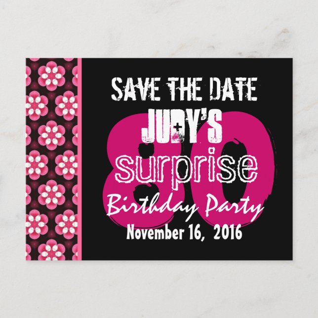 Save the Date Surprise 80th Party Pink Floral V009 Announcement Postcard (Front)