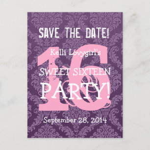Save the Date Sweet 16 Birthday Party A04 PURPLE Announcement Postcard