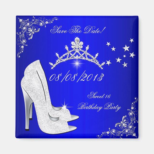Save The Date Sweet 16 Blue High Heels Shoes Tiara Magnet (Front)