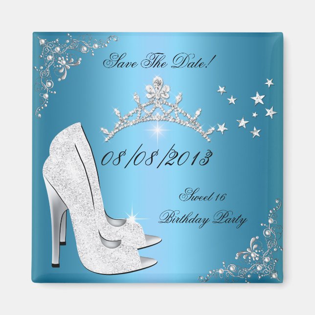 Save The Date Sweet 16 Blue High Heels Shoes Tiara Magnet (Front)