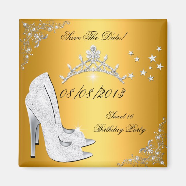 Save The Date Sweet 16 Gold High Heels Shoes Tiara Magnet (Front)