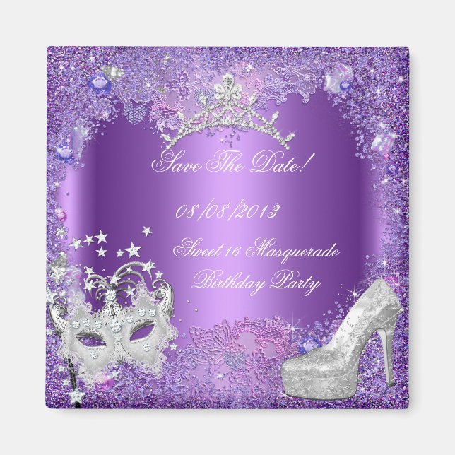 Save The Date Sweet 16 Masquerade Purple Magnet (Front)
