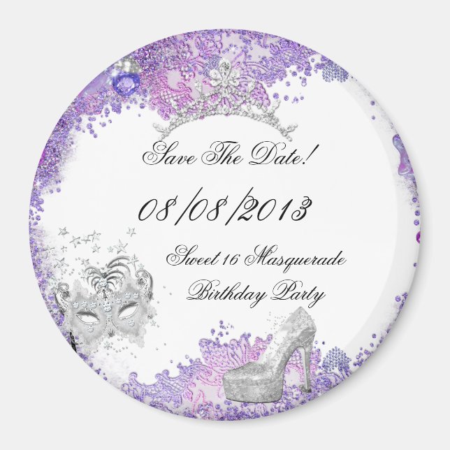 Save The Date Sweet 16 Masquerade Purple White 2 Magnet (Front)