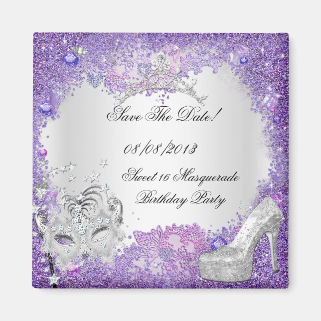 Save The Date Sweet 16 Masquerade Purple White Magnet (Front)