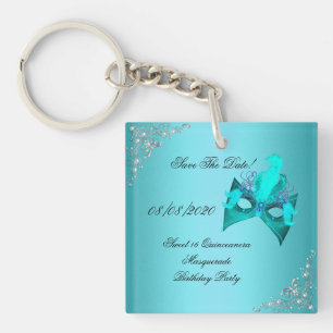 Save The Date Sweet 16 Quinceanera Masquerade Teal Key Ring