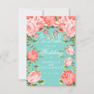 Save the Date Teal and Botanical Coral Floral