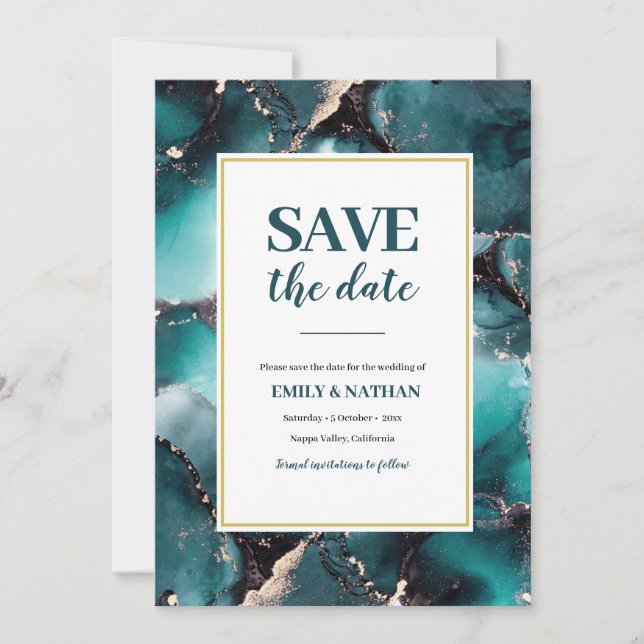 Save the date teal green inky Invitation (Front)