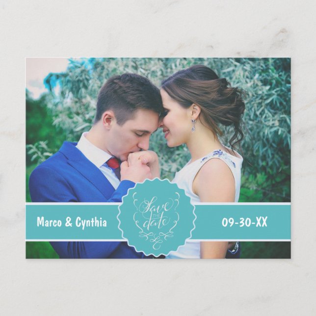 Save the Date Teal Photograph Announcement Postcard (Front)