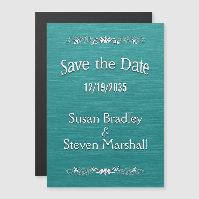 Save the Date Teal White Text Magnetic Invitation (Front/Back)