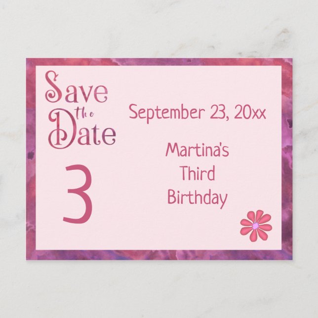 Save the Date Third Birthday for a Girl Announcement Postcard (Front)