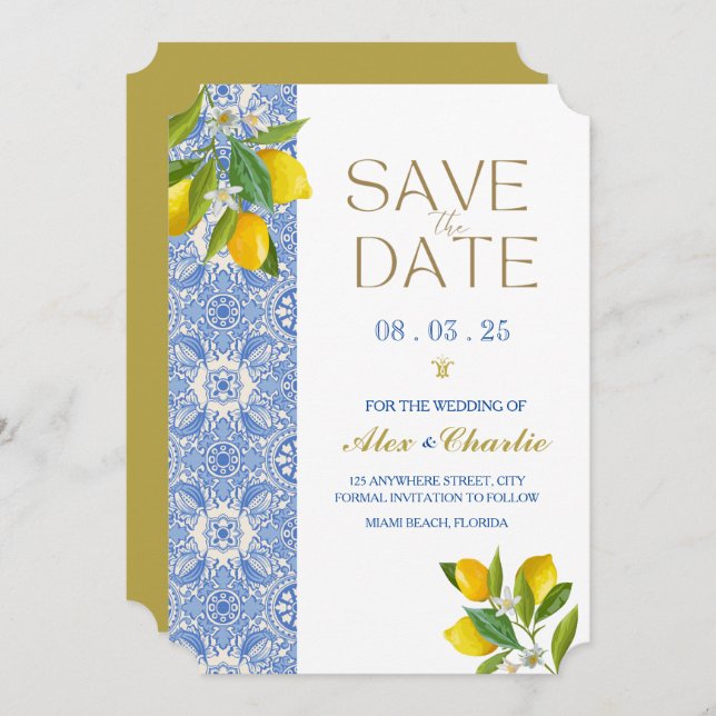 Save the Date Tiles and lemons Mediterranean  (Front/Back)