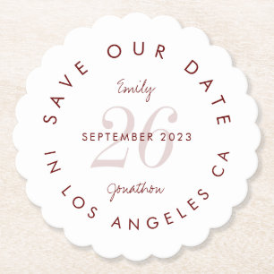 Save the Date Tinted Day Burgundy Typographical Paper Coaster