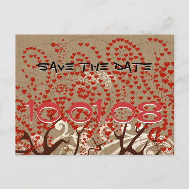 Save The Date - Trees with Red Heart Swirls Announcement Postcard (Front)