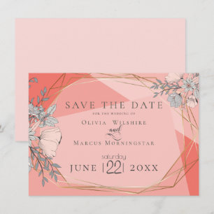 Save the Date   Trendy Coral Floral Gold Frame Invitation