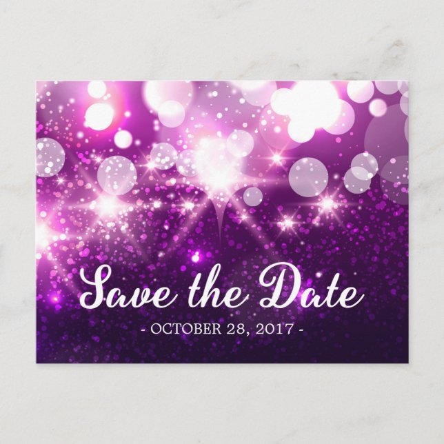 Save the Date - Trendy Purple Glitter Sparkles Announcement Postcard (Front)