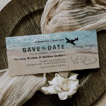 Save the Date Tropical Beach Hearts Boarding Pass<br><div class="desc">Beach destination save the date boarding pass featuring a summer tropical ocean island background,  a vintage sandy beach with two hearts in the shoreline,  your initials and a wedding text template.</div>