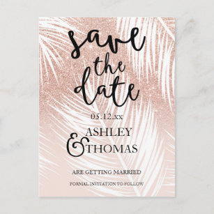 Save the Date tropical palm tree rose gold glitter Announcement Postcard