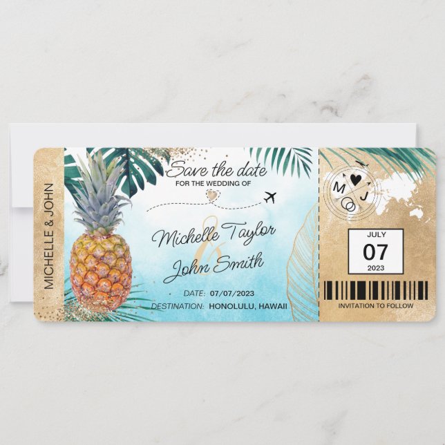Save the Date Tropical Pineapple Boarding Pass Invitation (Front)