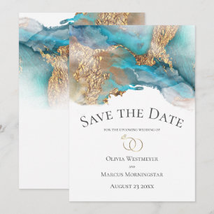 Save the Date Turquoise and Gold Ink Marble Invitation