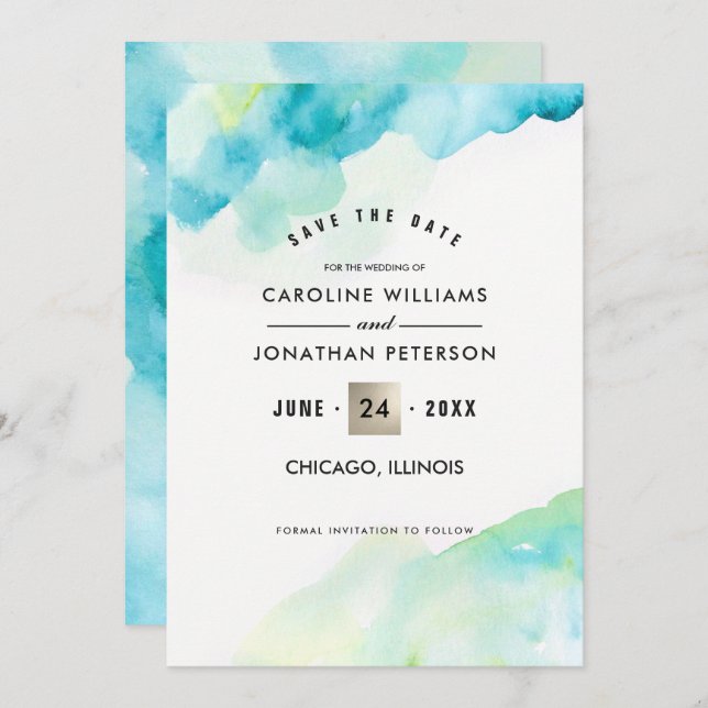 Save the Date. Turquoise Watercolor Wedding Invitation (Front/Back)