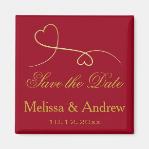 Save the Date  Two Elegant Gold Hearts Red Wedding Magnet