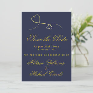 Save the Date   Two Gold Hearts Navy Blue Wedding