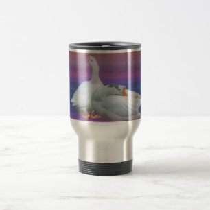 Save the date,two white geese in colour backgroun travel mug