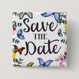 Save the Date Vintage Butterflies. 15 Cm Square Badge