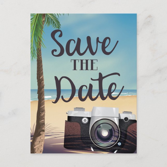 Save the date vintage Camera and Beach Postcard (Front)