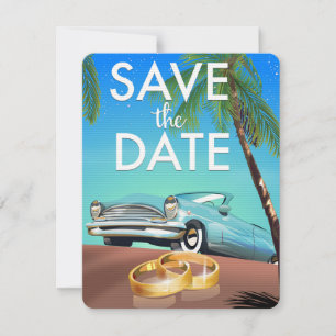 Save the Date vintage car and wedding rings.