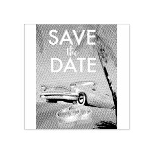 Save the Date vintage car and wedding rings. Rubber Stamp