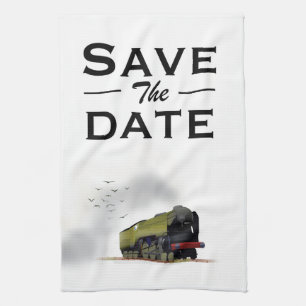 Save the Date vintage Locomotive invitation Tea Towel