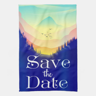 Save The Date Vintage Mystical Mountains. Tea Towel