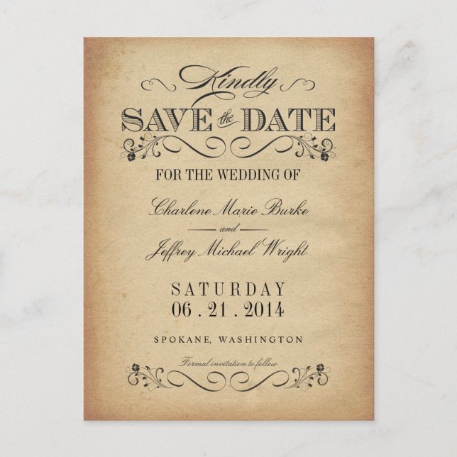 Save the Date Vintage Parchment Postcard (Front)