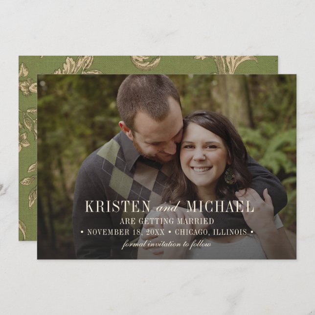 Save the Date. Vintage Pattern Wedding Photo Card (Front/Back)