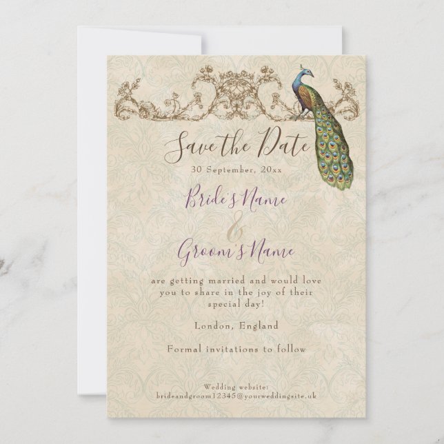 Save the Date, Vintage Peacock & Etchings Wedding Invitation (Front)