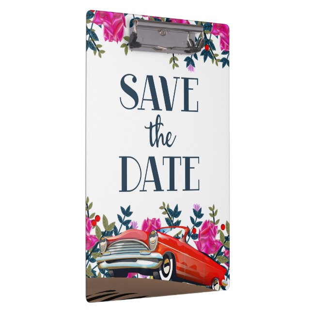 Save The Date Vintage Red Car Clipboard (Right)