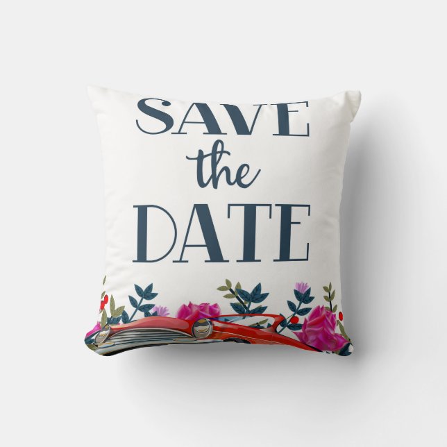 Save The Date Vintage Red Car Cushion (Front)