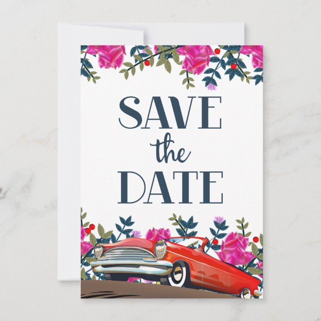 Save The Date Vintage Red Car Invitation (Back)
