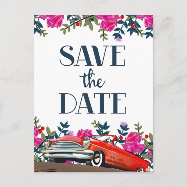 Save The Date Vintage Red Car Postcard (Front)