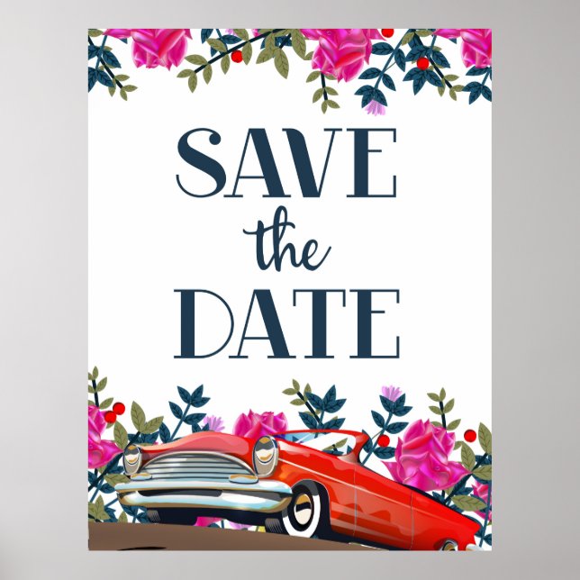 Save The Date Vintage Red Car Poster (Front)