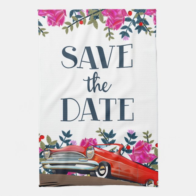 Save The Date Vintage Red Car Tea Towel (Vertical)