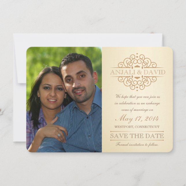 Save the Date Vintage Scrolls with Photo (Front)
