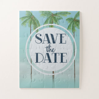 Save The Date Vintage Tropical Palms Jigsaw Puzzle